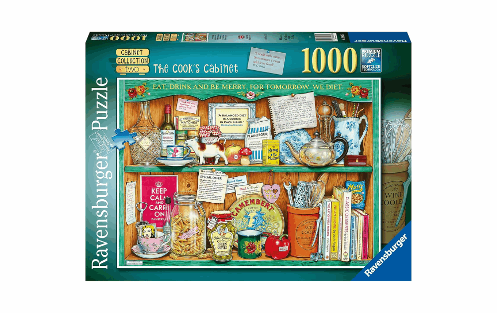 Ravensburger Cook's Cabinet Puzzle featuring a colorful shelf full of kitchen items and a vintage aesthetic