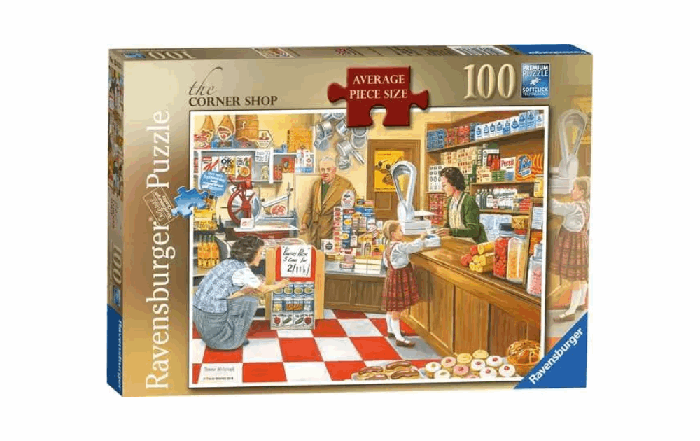 Ravensburger Corner Shop puzzle featuring 100 pieces with detailed shop scene and characters