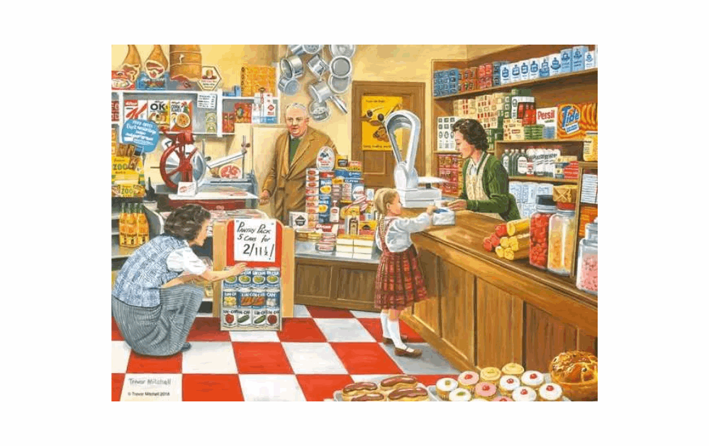 Ravensburger Corner Shop puzzle featuring a vintage grocery store scene with customers and staff