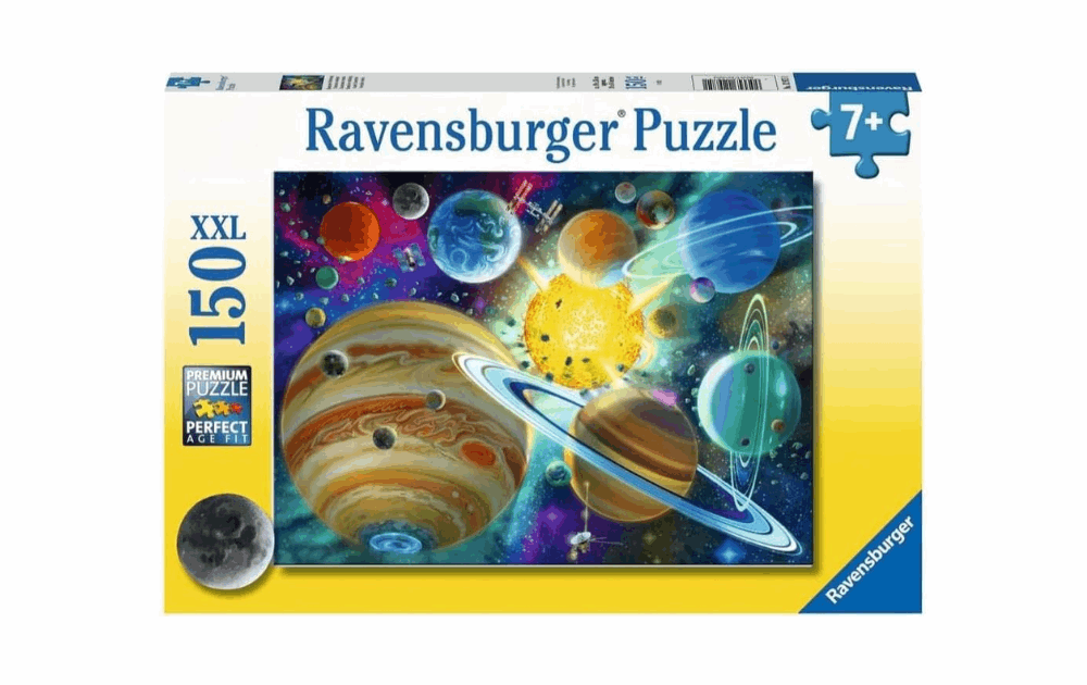 Ravensburger Cosmic Connection puzzle featuring vibrant planets and galaxies for children aged 7 and up