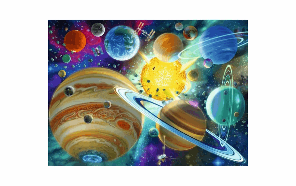 Ravensburger Cosmic Connection puzzle featuring colorful planets and celestial elements in a vibrant space scene