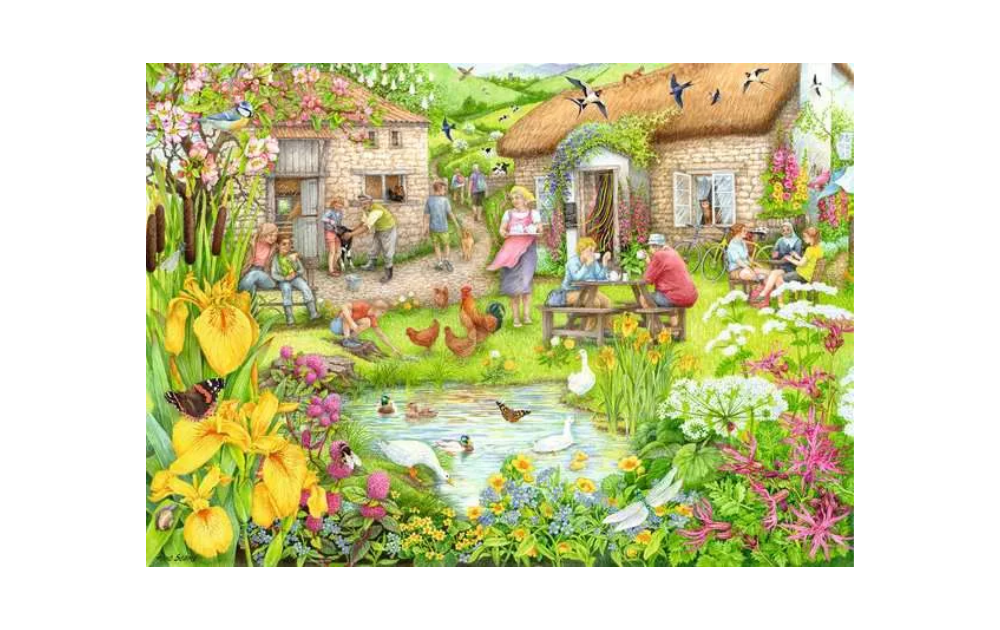 Ravensburger cosy cafe jigsaw puzzle featuring a vibrant garden scene with people and animals