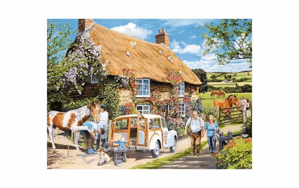 Ravensburger Country Cottage puzzle featuring a charming cottage scene with horses, a vintage car, and joyful characters