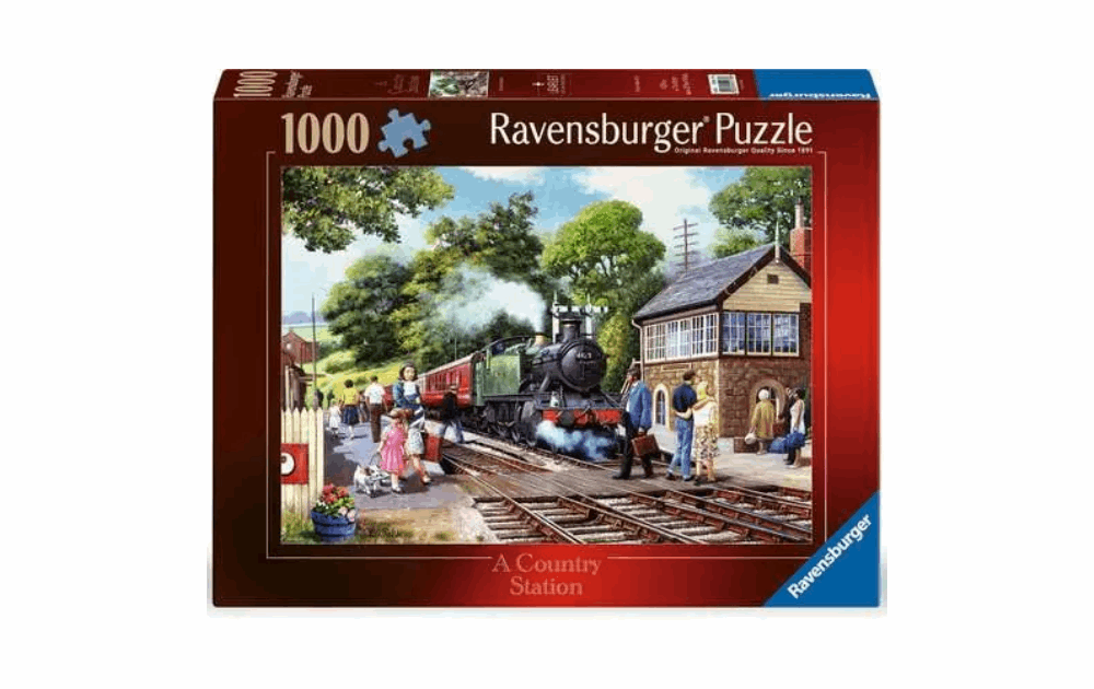 Ravensburger country station puzzle featuring a vintage train and scenic country setting, 1000 pieces