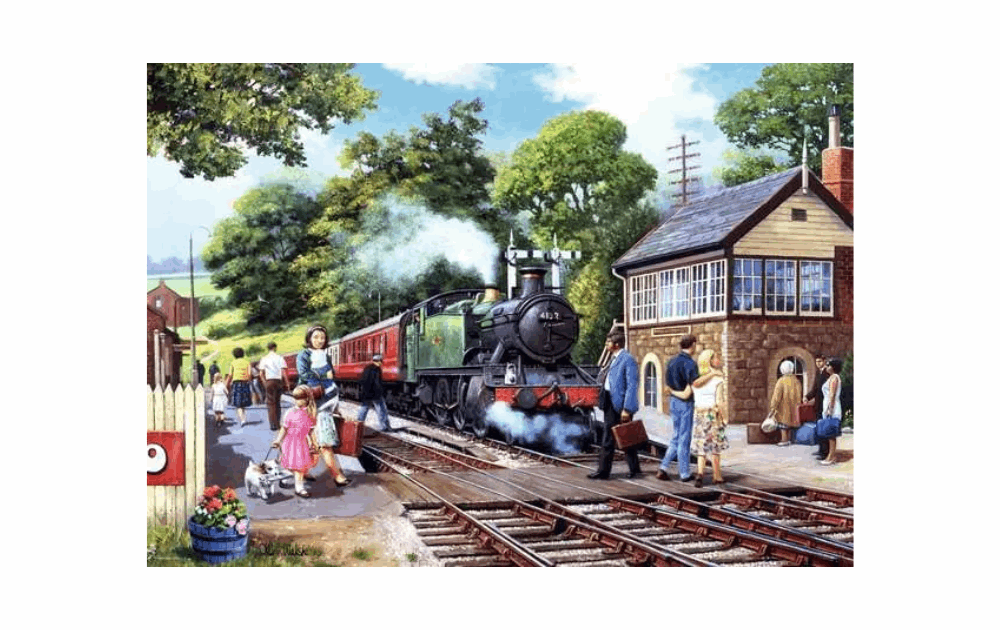 Ravensburger country station puzzle featuring a vintage steam train and people at a charming station