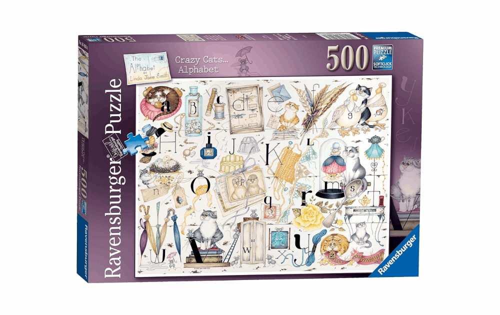 Ravensburger Crazy Cats Puzzle featuring whimsical cat-themed illustrations and letters in a 500-piece jigsaw