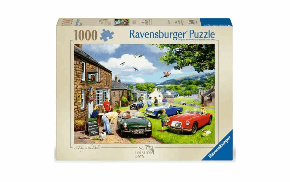 Ravensburger 1000-piece Day in the Dales jigsaw featuring vintage cars and countryside scenery