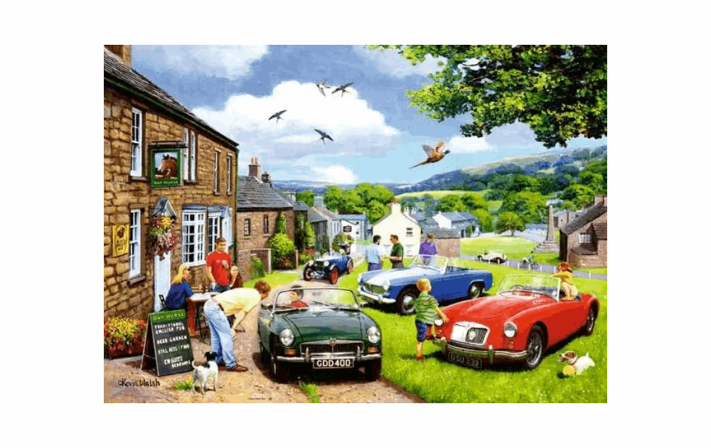 Ravensburger Day in the Dales jigsaw featuring a lively village scene with classic cars and people enjoying the outdoors