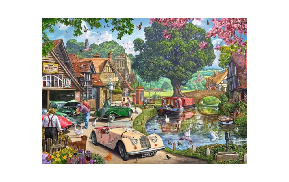 Ravensburger Days Gone By 1000 piece jigsaw puzzle. Vintage English village scene with canal boat classic cars cottages and swans