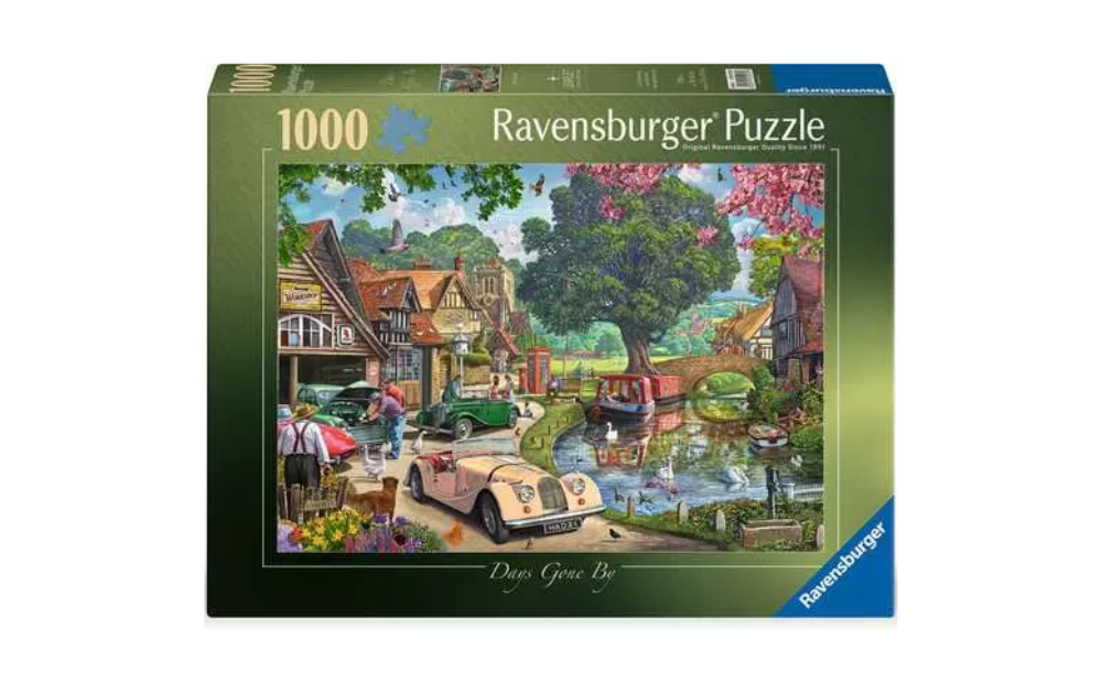 Ravensburger box showing scenic village with vintage cars by river and bridge Days Gone By 1000 piece jigsaw puzzle.