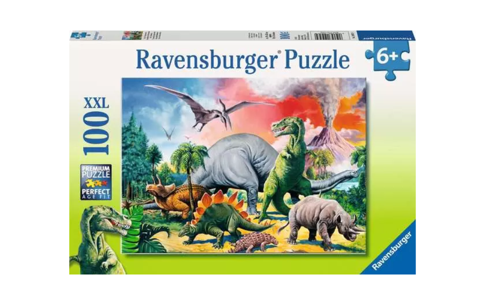 Ravensburger children's dinosaur jigsaw puzzle 100 pieces featuring vibrant prehistoric scenes