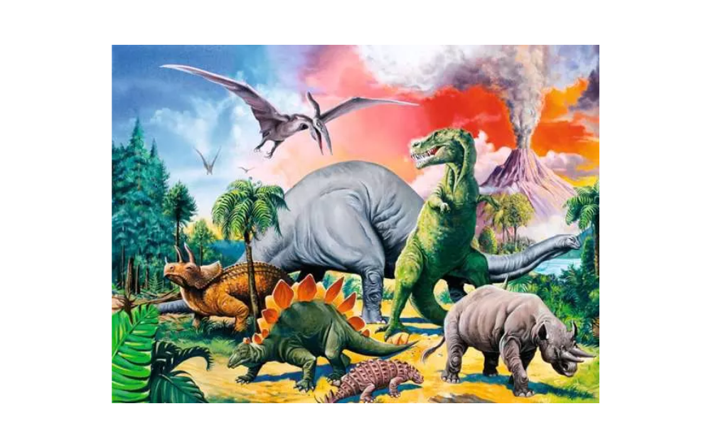 Ravensburger dinosaur jigsaw puzzle 100 pieces featuring vibrant dinosaur scenes and a volcanic backdrop