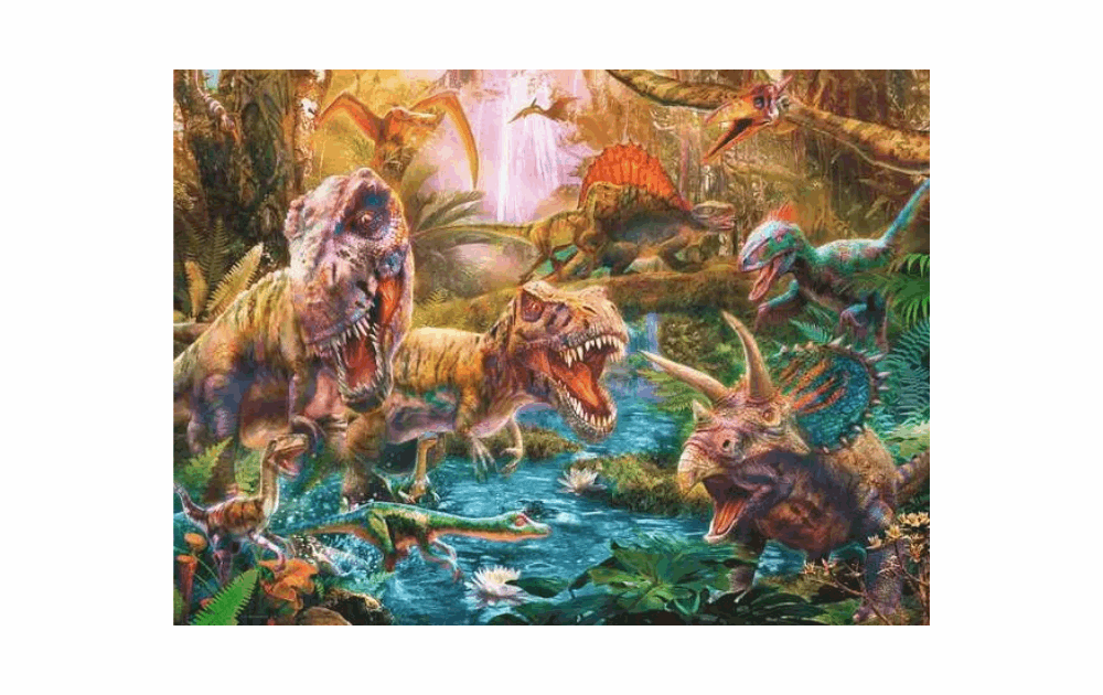 Ravensburger dinosaur jigsaw puzzle 150 pieces featuring vibrant prehistoric scenes with multiple dinosaurs