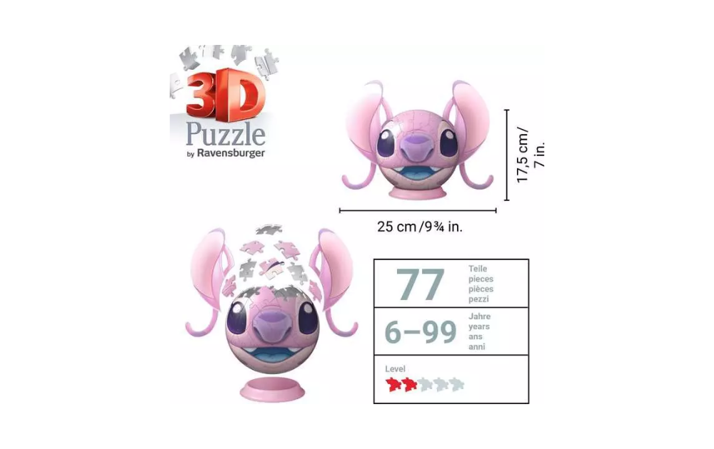 Disney Stitch Angel with Ears Globe 3D Puzzle by Ravensburger with 77 pieces, 25 cm tall