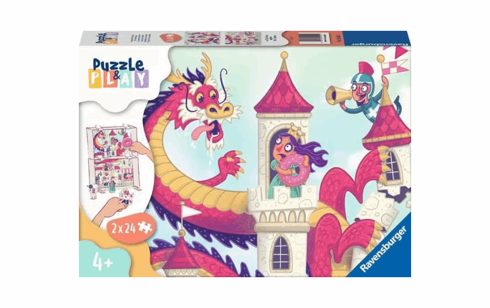 Ravensburger children's donut dragon puzzle set featuring a colorful dragon and castle theme