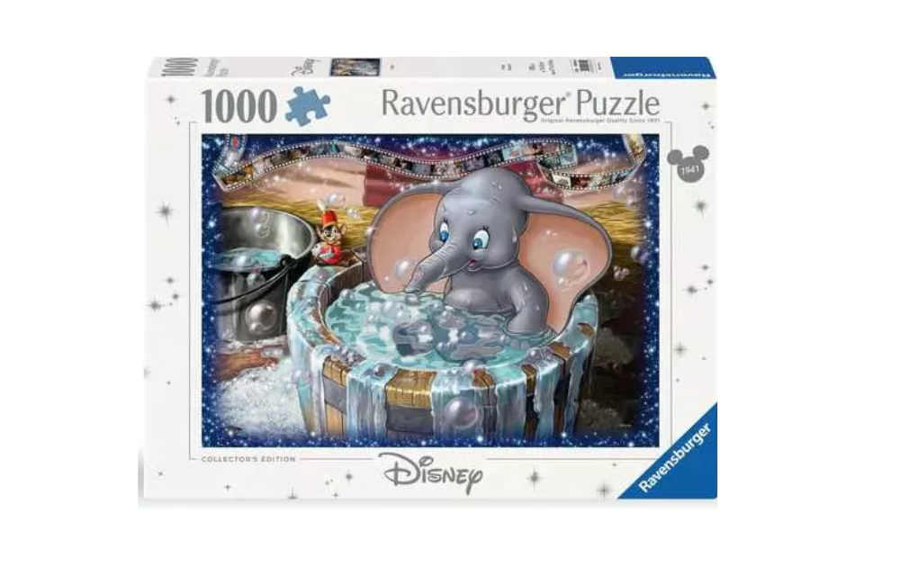 Ravensburger Dumbo Disney 1000 piece jigsaw puzzle box showing baby Dumbo in a circus water tub