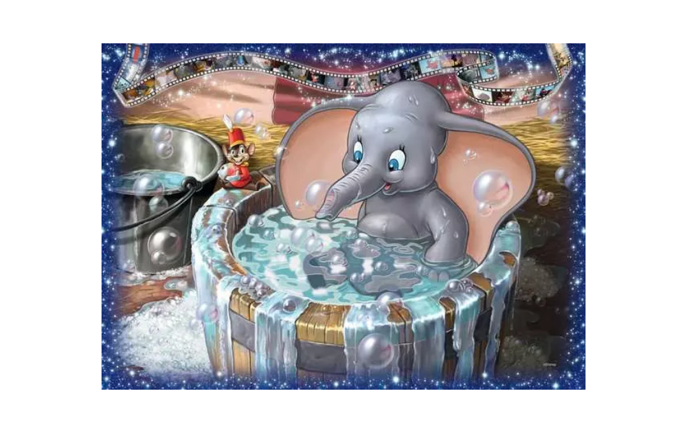 Ravensburger Dumbo Disney 1000 piece jigsaw puzzle Dumbo splashing in tub with Timothy Mouse bubbles and filmstrip border