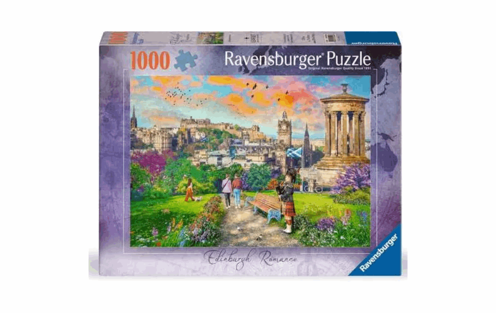 Ravensburger Edinburgh Romance Puzzle 1000 piece featuring scenic view of Edinburgh with vibrant colors