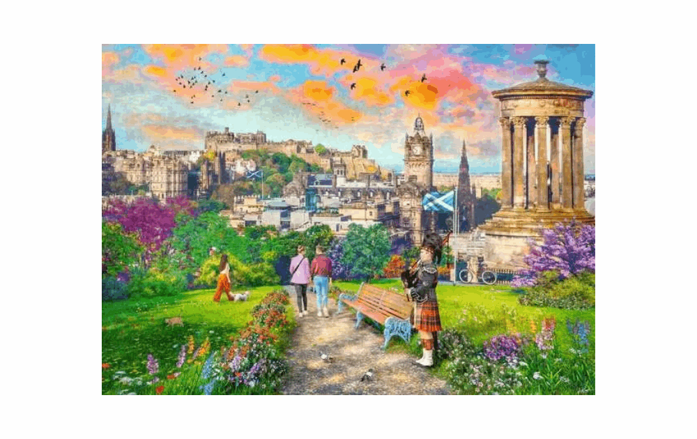 Colorful scene of Edinburgh with flowers and people enjoying the landscape, featuring Edinburgh romance puzzle 1000 piece