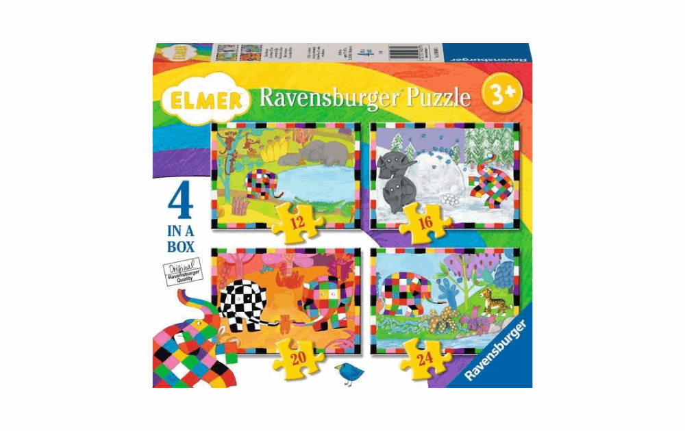 Elmer jigsaw puzzles for kids including four colorful puzzles of varying difficulty levels