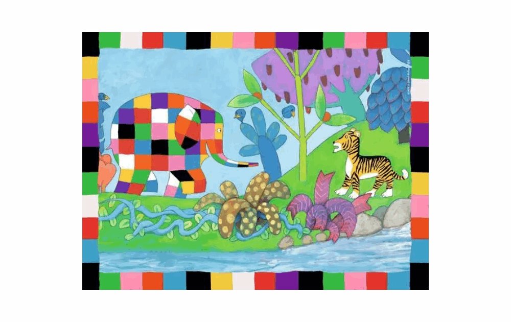 Colorful Elmer jigsaw puzzles for kids featuring a vibrant elephant and tiger in a playful scene