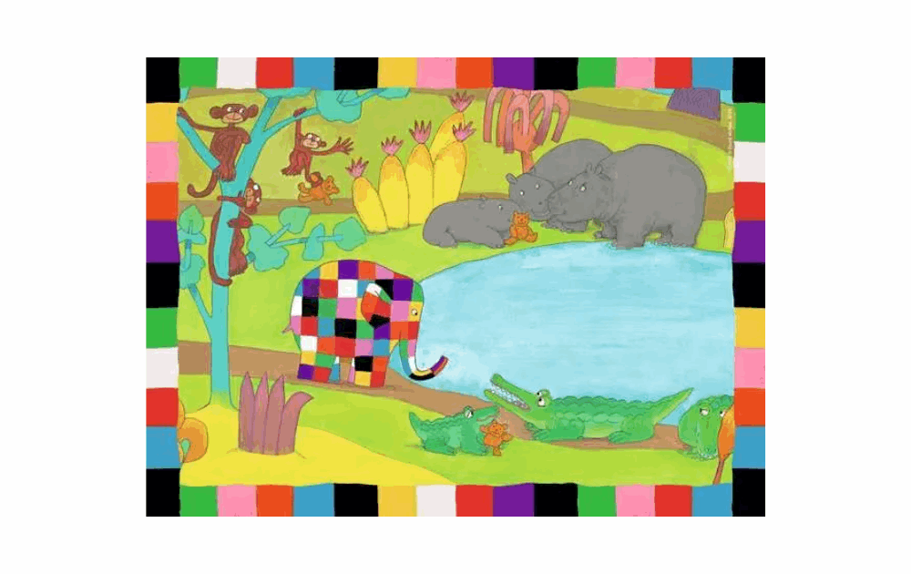 Colorful Elmer jigsaw puzzles for kids featuring animals by a playful water scene