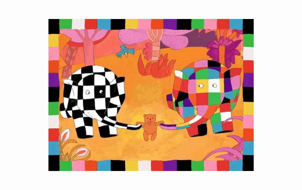 Ravensburger Elmer jigsaw puzzles for kids featuring colorful elephants and a bear in a vibrant forest scene