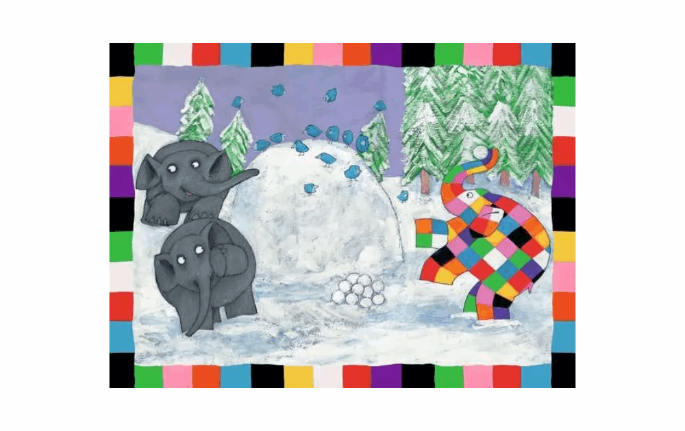 Ravensburger Elmer jigsaw puzzles for kids featuring colorful elephants playing in the snow