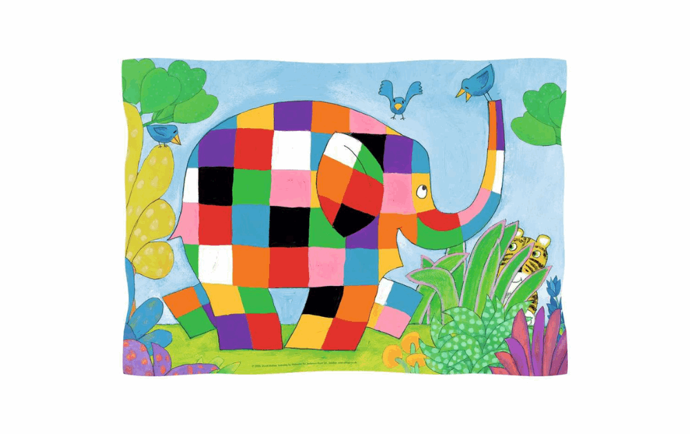 Ravensburger Elmer the Elephant puzzle featuring a colorful patchwork elephant in a vibrant landscape