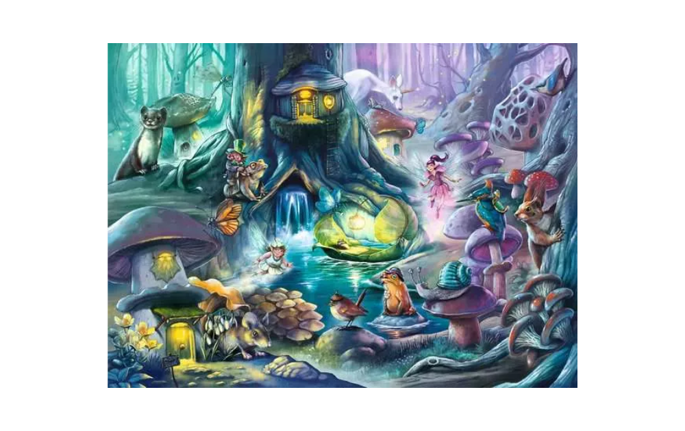Ravensburger Enchanting Forest 150XXL jigsaw puzzle featuring whimsical forest creatures and vibrant colours