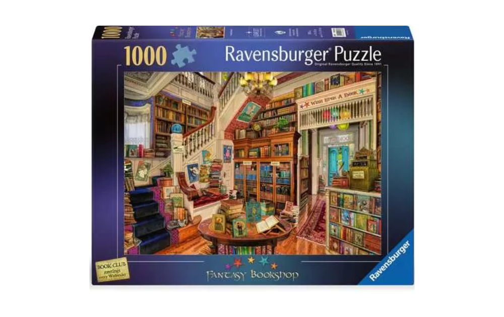 Ravensburger 1000 piece fantasy bookshop jigsaw puzzle box showing cosy illustrated bookshop interior