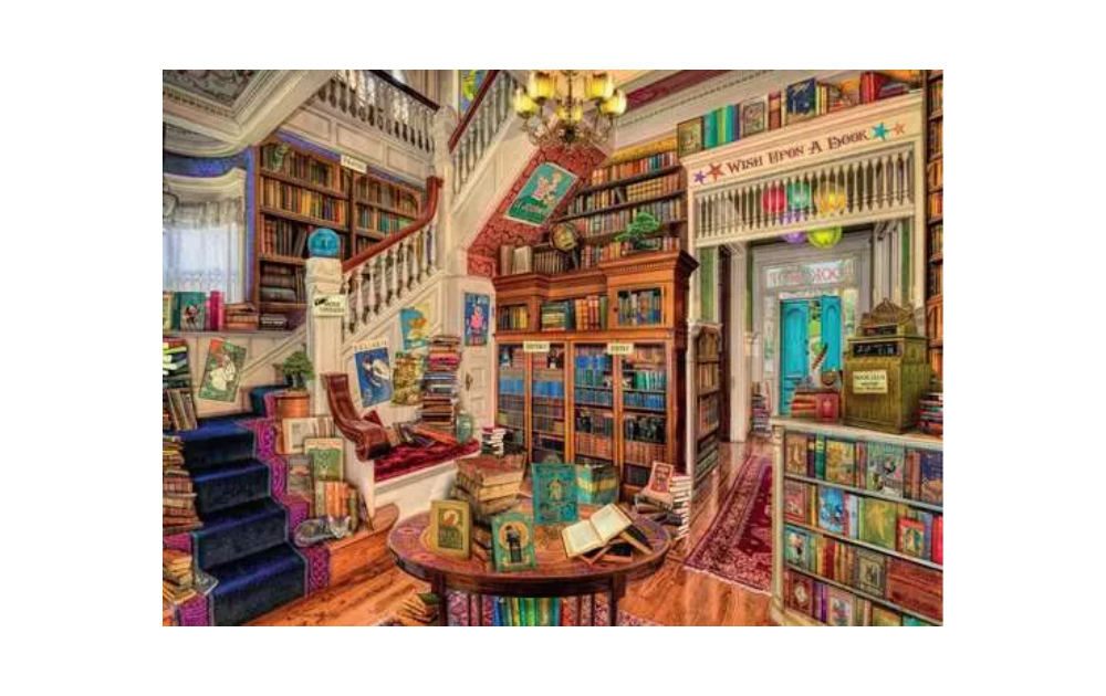 Ravensburger fantasy bookshop jigsaw puzzle detailed cosy illustrated bookstore interior with colourful bookshelves
