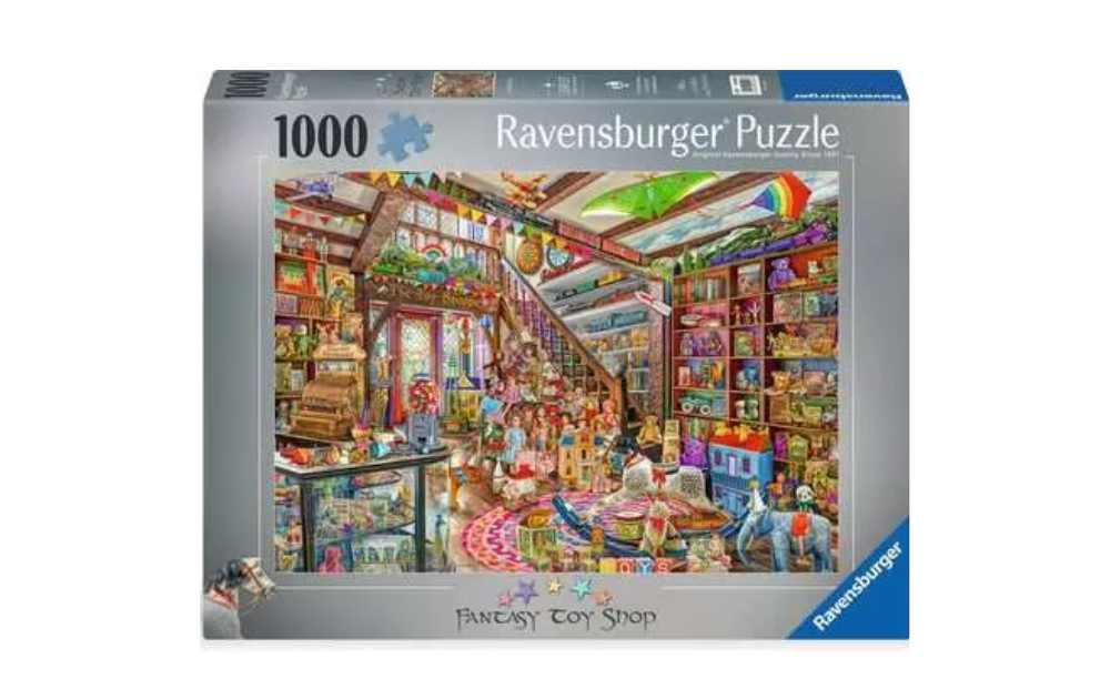 Ravensburger fantasy toy shop puzzle 1000 pieces featuring a detailed colourful toy shop interior scene
