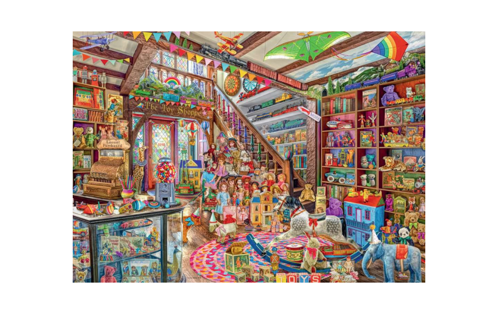 Ravensburger fantasy toy shop puzzle 1000 pieces showing a colourful vintage toy store filled with classic toys and dolls