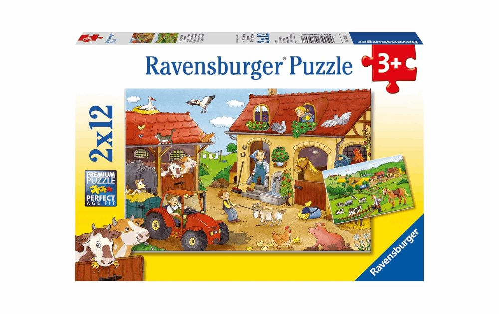 Ravensburger farm puzzles for kids featuring vibrant farm scenes and a tractor, suitable for ages 3 and up
