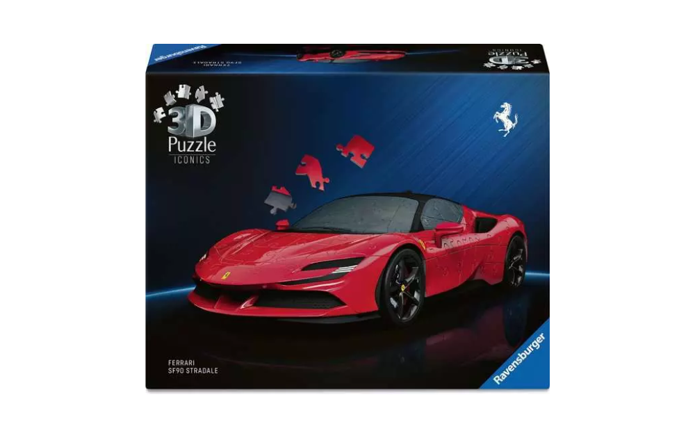 Ferrari SF90 Stradale 3D Puzzle by Ravensburger featuring a detailed red car design