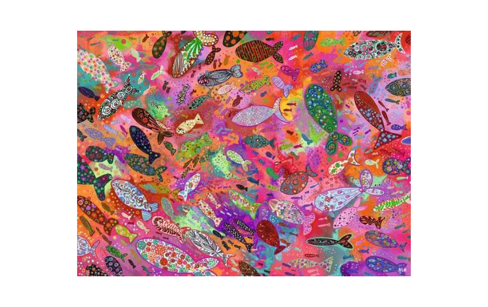 Vibrant Fish in Fuchsia 500 Piece Jigsaw Puzzle by Ravensburger featuring colourful, patterned fish on a pink background