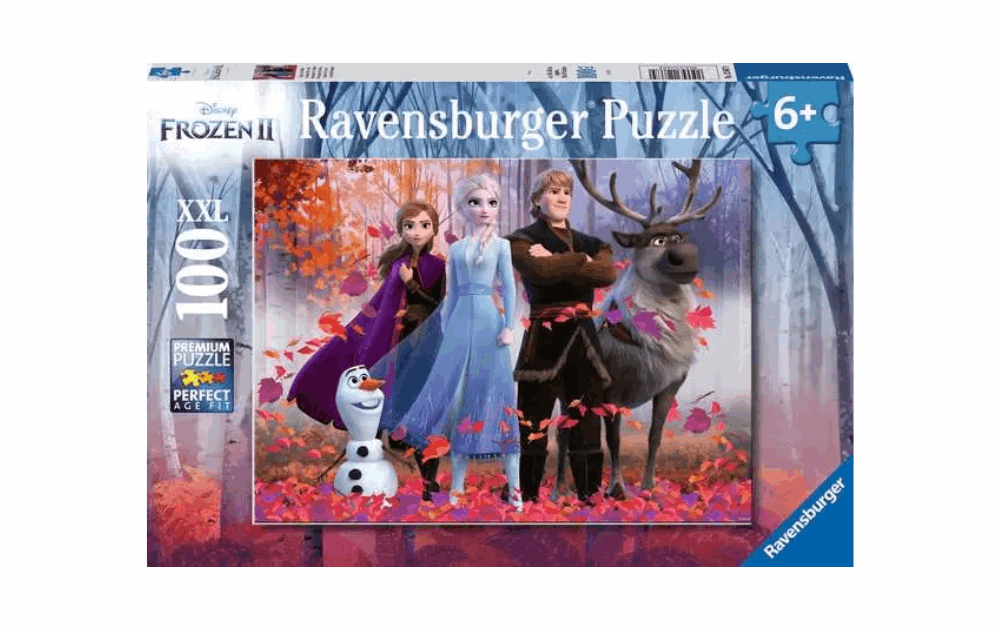 Frozen II puzzle Ravensburger featuring Elsa, Anna, Olaf, Kristoff, and Sven in a colorful forest scene