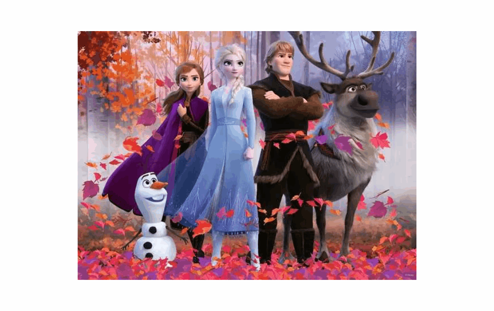 Frozen II puzzle Ravensburger featuring Anna, Elsa, Olaf, Kristoff, and Sven in a colorful autumn setting