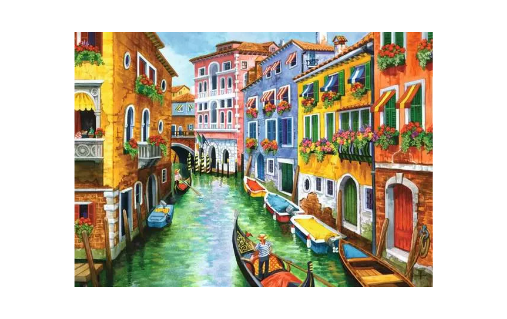 Gondola Ride 300 Piece Ravensburger Jigsaw Puzzle depicting a vibrant canal scene with colorful buildings and boats