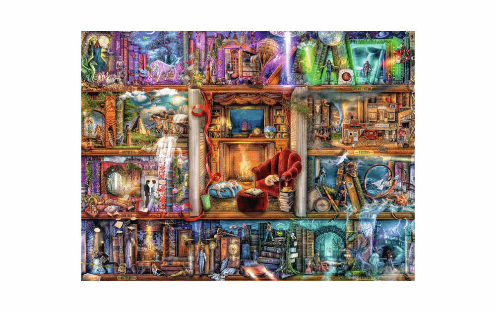 Ravensburger Grand Library Puzzle featuring intricate details of bookshelves and cozy reading areas