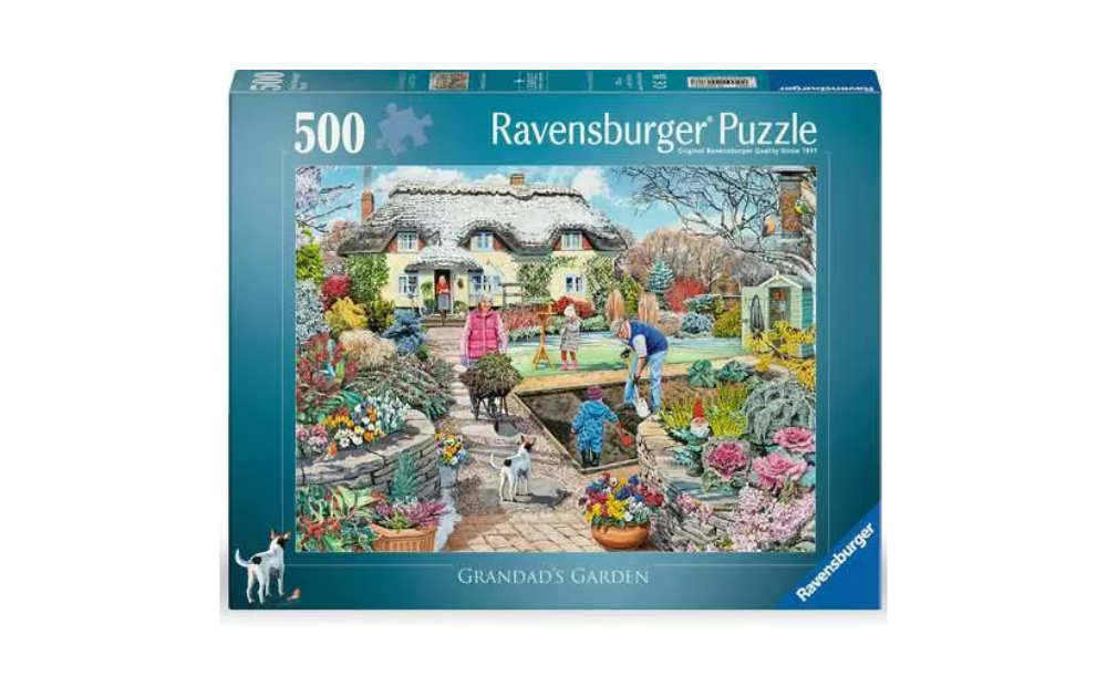 Ravensburger Grandad's Garden 500 piece jigsaw puzzle box showing cottage garden scene with family and dog
