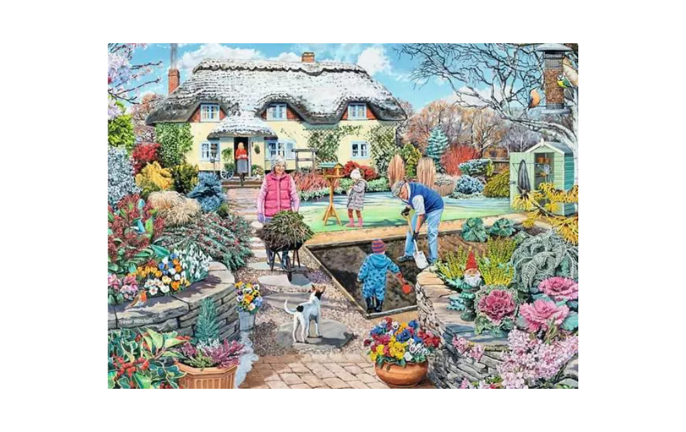 Ravensburger Grandad's Garden 500 piece jigsaw puzzle depicting family in a colourful cottage garden pond scene