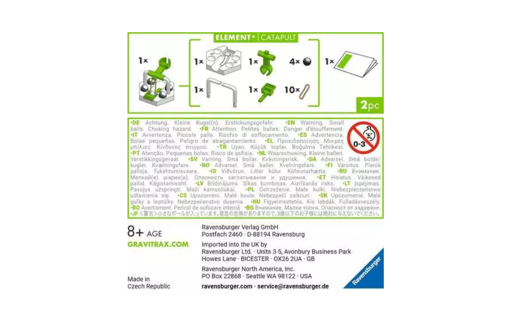GraviTrax Element Catapult accessory packaging featuring components and instructions for building