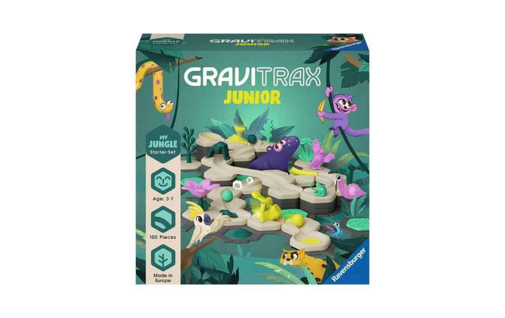 Gravitrax Junior Jungle Starter Set featuring 100 pieces for kids aged 3 and up with colourful jungle elements
