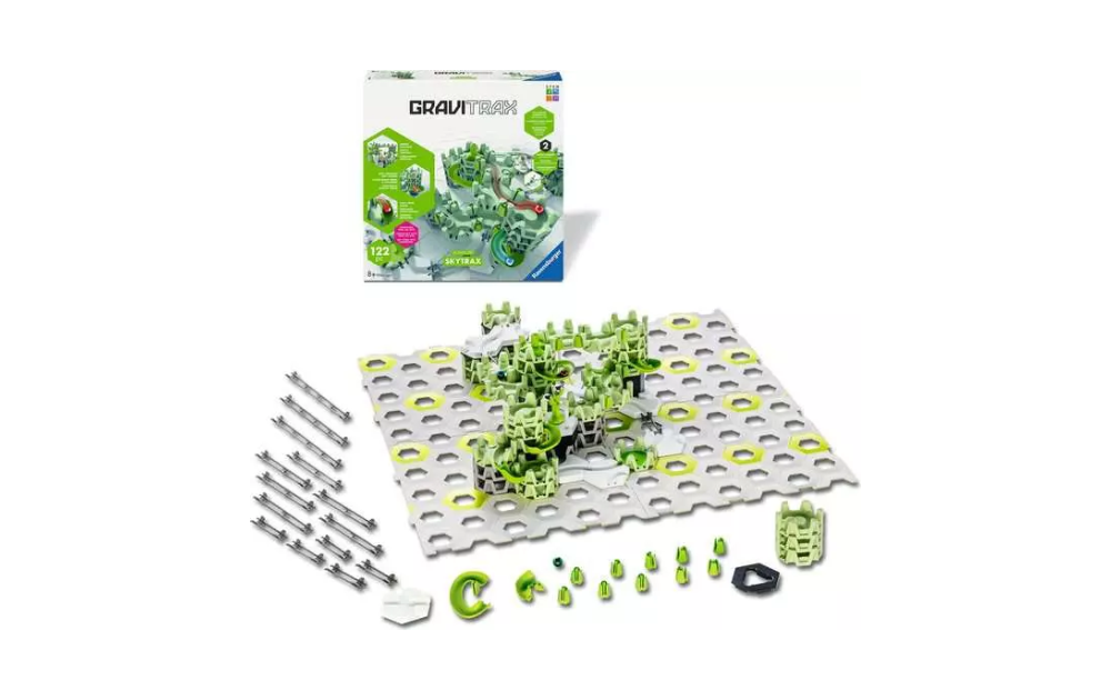 Gravitrax SkyTrax Action-Set kit laid out with green track elements base grid multiple launchers