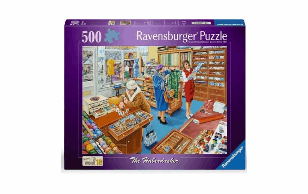 Ravensburger Haberdasher puzzle featuring a colorful craft store scene with shoppers and various materials