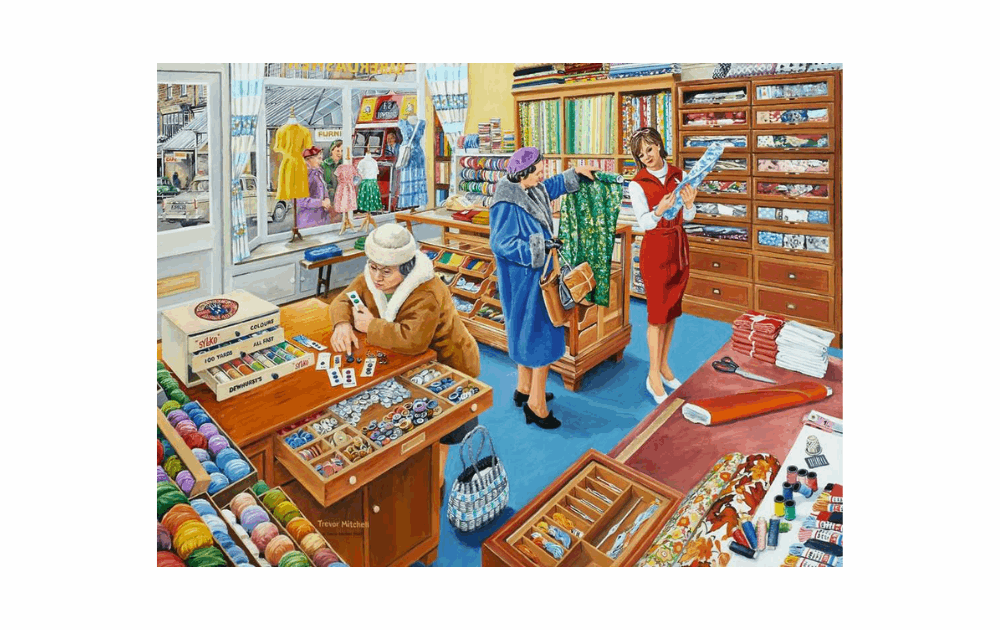 Ravensburger Haberdasher puzzle depicting a vintage sewing shop with colorful fabrics and customers browsing