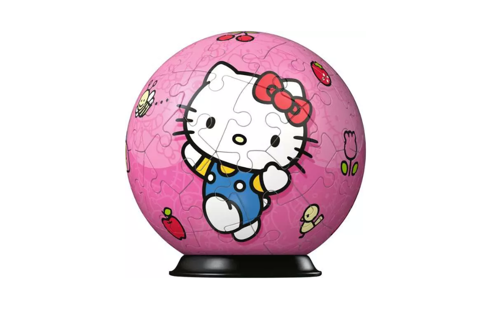 Hello Kitty 54 Piece Globe 3D Puzzle by Ravensburger featuring a pink globe with Hello Kitty design