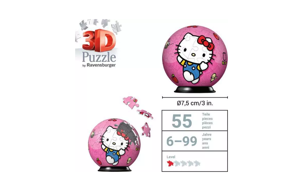 Hello Kitty 54 Piece Globe 3D Puzzle by Ravensburger featuring a colourful round design